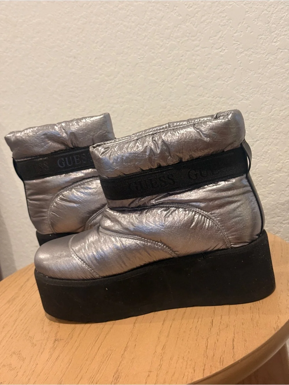GUESS Metallic Silver Platform Puffer Ankle Boots